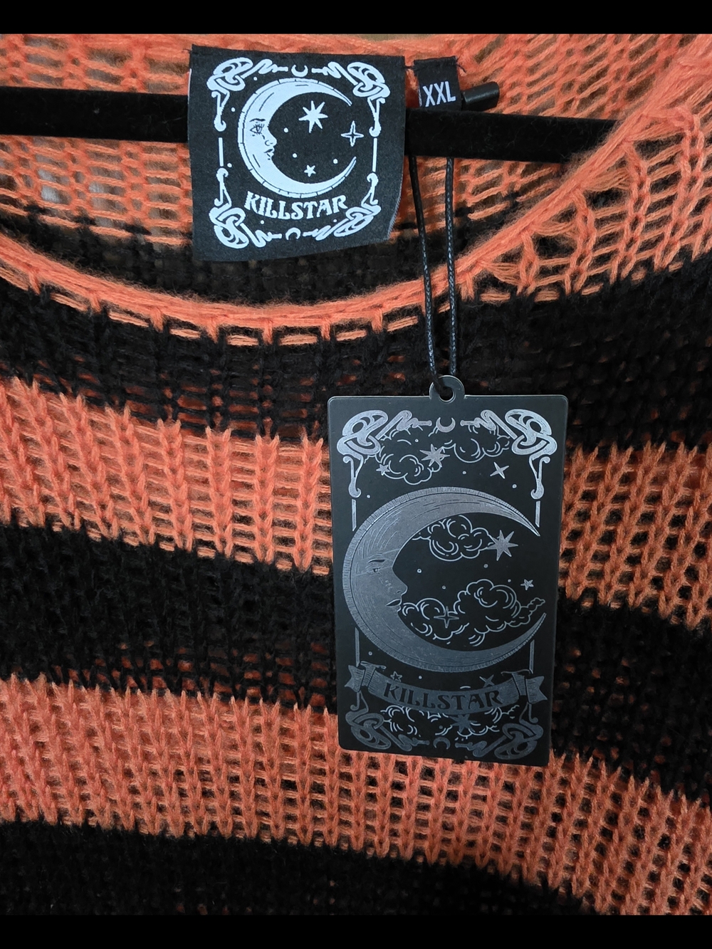 Killstar Pumpkin Knit Distressed Orange and Black Striped Open Weave Sweater